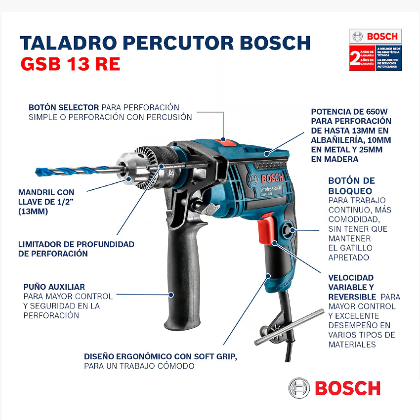 Taladro-Percutor-GSB-13-RE-750W-Maletin-Bosch-4.png Taladro Percutor GSB 13 RE 750W + Maletín Bosch - Imagen 4